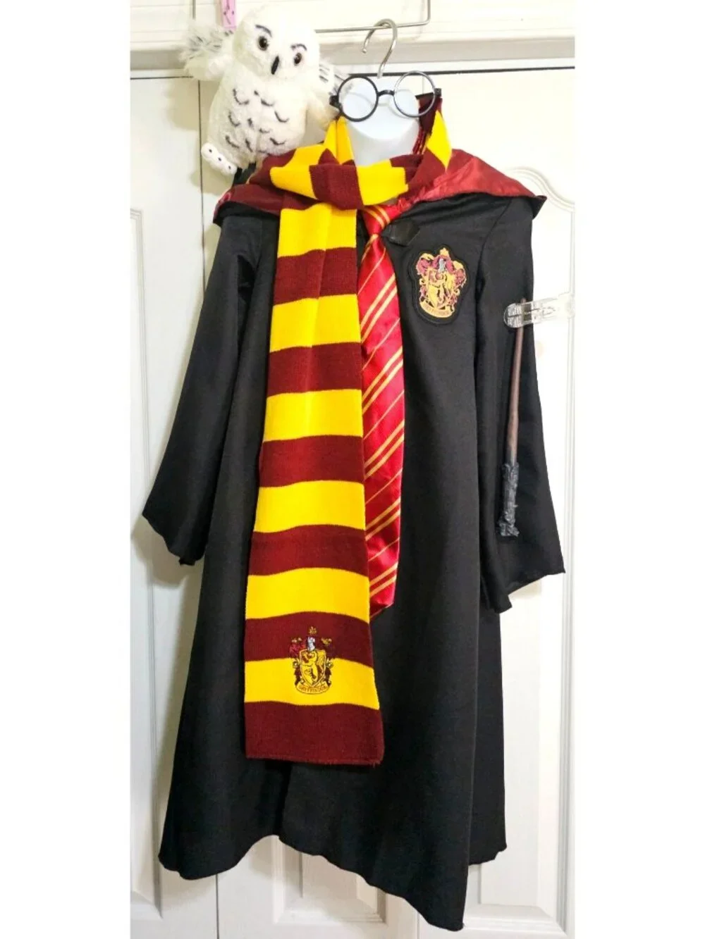 Harry Potter Cloak Robe Costume Boys 7-8 Hooded Wand Tie Hedwig Plush Glasses